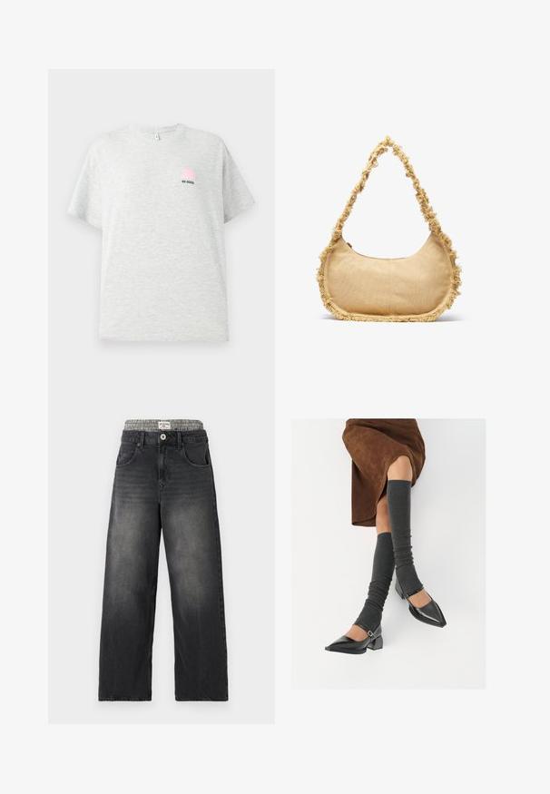 Lys grå kortærmet T-shirt lavet af bomuld, med et lille grafisk motiv af en pink bøttehat og teksten "BE GOOD" broderet i sort.; Sorte denim bredbenede jeans med et houndstooth-mønster i taljen. Funktioner inkluderer sidelommer og en knaplukning. Slidt tekstur.; Sorte patenterede lædersko med spids tå, blokhæl og ankelrem, kombineret med grå ribbede benvarmere og en brun ruskinds nederdel.; Struktureret beige taske med en rund form, frynset kant langs kanterne og en kort rem til at bære. Lynlåsåbning på toppen.