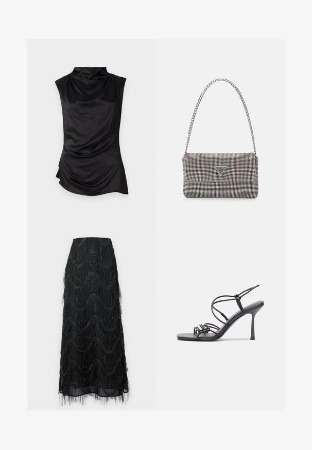 Melnā bezpiedurkņu blūze no gludas auduma, ar drapētu apkakli, asimetrisku apakšmalu un smalku savilkuma detaļu sānos.; Melnā midi svārki ar kārtainu fringu un viļņveida rakstiem. Izgatavoti no caurspīdīgas materiāla ar spīdīgām akcentēm gar malām.; Melnas augstpapēžu sandales ar plāniem siksniņām un mezgla dizainu, gluda kvadrātveida purngalu un elegantu stiletto papēdi.; Gaiši pelēka metāla rokassoma ar ķēdes siksnu, rotāta ar mazām apaļām metāla kniedēm un trīsstūra zīmola logo.; Sudraba riņķveida auskari ar gludu, spīdīgu apdari. Apaļas formas, viegla dizaina, ar aizdari uz stieples.