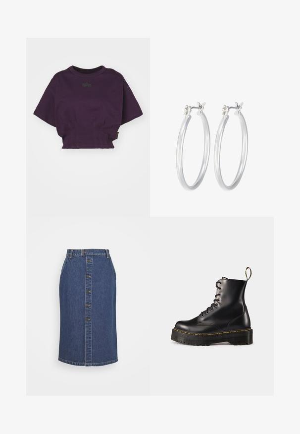 Alpha Industries Printtipaita - plum; Tummansininen farkkuhame, jossa on edessä nappikiinnitys, pystysaumayksityiskohtia ja klassinen helma.; Mustat nahkasaappaat, joissa on nyöritys nilkkoihin asti, paksu musta pohja ja keltaset ompeleet. Takana vetotappi ja pyöreät metalliset silmukat.; Hope-silver rengas, joissa on sileä ja kiillotettu pinta. Pyöreä muoto ja turvallinen napsautettava lukitus. Kevyt muotoilu sopii päivittäiseen käyttöön.