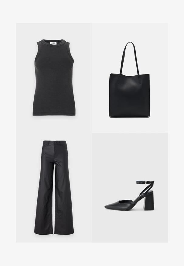 Camiseta sin mangas negra con diseño ajustado, cuello alto y corte sin mangas. Confeccionada con una tela texturizada, presenta un dobladillo simple y limpio.; Pantalones de pierna ancha en material de cuero sintético. Presentan una cintura alta, trabillas para cinturón, dos bolsillos delanteros y detalles de costura.; Zapato de tacón puntiagudo de cuero negro con tira en el tobillo y tacón ancho. Textura plana, diseño elegante y estética minimalista.; Bolso tote de cuero negro con textura lisa, forma rectangular y dos asas largas. Sin herrajes ni adornos visibles.