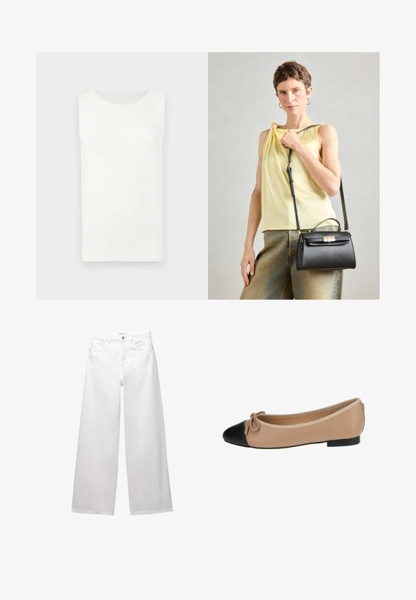 Mouwloze witte shirt met ronde hals en een rechte zoom, vlak gepresenteerd tegen een lichtgrijze achtergrond.; Witte wijde denim jeans. Voorzien van een knoopsluiting, voor- en achterzakken, en gestikte naden. Soepele textuur met minimale details.; Ballett balletflat van beige leer met een zwarte punt. Heeft een strikdetail aan de voorkant en een gladde textuur. Laag profiel ontwerp met een rubberen zool.; Zwarte leren handtas met een gestructureerd ontwerp, een bovenhandvat en een verstelbare schouderriem. Strakke textuur en een gouden hardware sluiting detail.