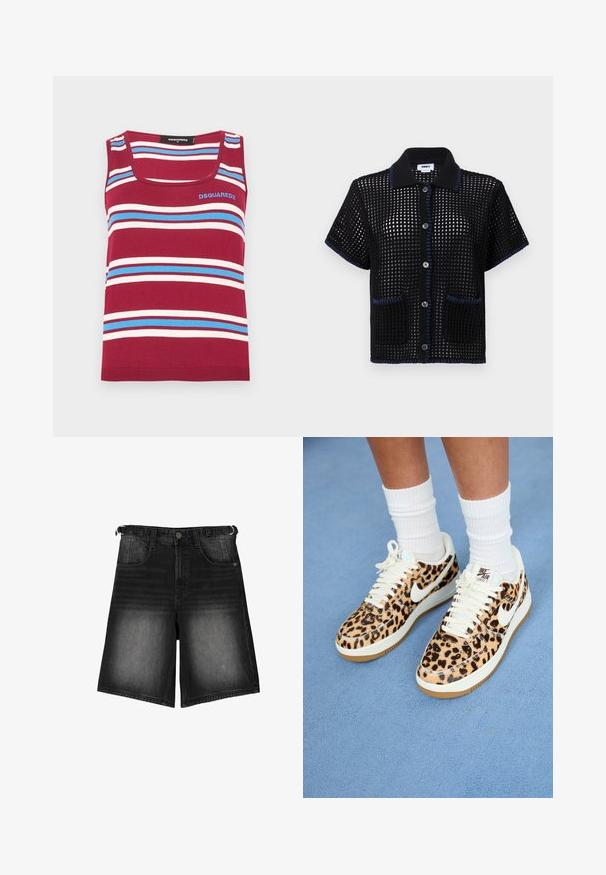 Top a canottiera a righe rosse con linee orizzontali blu e bianche. Presenta una scollatura quadrata e un orlo a coste. Logo visibile in alto a sinistra.; Maglietta nera a maniche corte in maglia con un motivo a rete, con rifiniture blu sul colletto e sui bordi della tasca, con bottoni lungo la parte anteriore.; Shorts in denim nero con una finitura scolorita, cinque tasche, chiusura con bottone e passanti per cintura. Il tessuto ha una consistenza liscia.; Sneakers Nike Air Force 1 con stampa leopardata, con lacci e swoosh bianchi, caratterizzati da una suola in gomma beige e una parte superiore testurizzata. Calze a compressione bianche visibili.