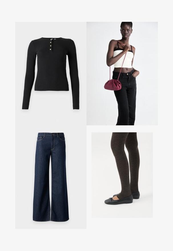 Černý dlouhý rukáv, žebrovaný top s kulatým výstřihem a pěti knoflíky, které jsou malé a světle barevné. Měkká struktura, těsně přiléhající design.; Džínsy s širokými nohavicemi v tmavě modré barvě. Mají kontrastní švy, pět kapes a zapínání na knoflík v pase. Hladká textura.; Černé ploché boty s malou mašlí na špičce, kombinované s tmavě hnědými žebrovanými punčochami. Boty mají hladký povrch a nízký profil.; Burgundská měkká taška s nabíraným designem a dlouhým popruhem, nošená přes tělo. Model má na sobě bílý crop top a černé džíny.