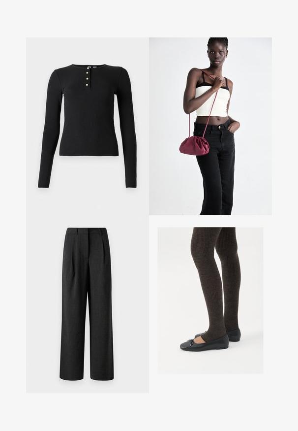 Crna dugha majica s rebrastim uzorkom, okruglog izreza i pet dugmadi s malim, svijetlim dugmadi. Mekani materijal, pripijeni kroj.; Crne široke hlače napravljene od teksturiranog materijala, s prednjim naborima i krojenim pojasom, dizajnirane za slobodno pristajanje.; Crne ravne cipele s malim mašnom na vrhu prstiju, uparene s tamnosmešnim rebrovanim čarapama. Cipele imaju glatku teksturu i nizak profil.; Bordo mekani torbeni sakupljenog dizajna s dugom trakicom, nošenom preko tijela. Model nosi bijelu kratku majicu i crne traperice.
