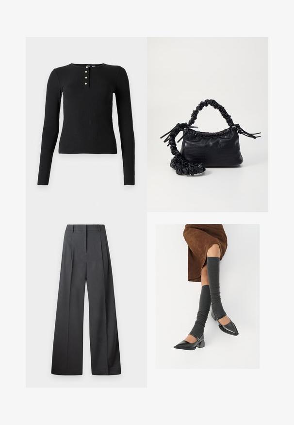 Top negro de manga larga con canalé que presenta un escote redondo y una tapeta de cinco botones con pequeños botones de color claro. Textura suave y diseño ajustado.; Pantalones de pierna ancha en tejido gris oscuro, con una cintura alta, pliegues simples y una textura suave con un acabado limpio en los dobladillos.; Zapatos de charol negros con punta afilada, tacón bloque y tira de tobillo, combinados con calentadores de piernas de canalé grises y una falda de ante marrón.; Bolso de mano de imitación cuero negro con textura de cocodrilo, parte superior fruncida y correa arrugada. Presenta un diseño suave y compacto.