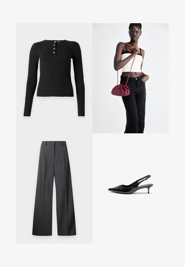 Camisola preta de manga longa com textura canelada, apresentando um decote redondo e uma lista de cinco botões com pequenos botões de cor clara. Textura suave e design ajustado.; Calças de perna larga em tecido cinza escuro, apresentando uma cintura alta, pregas simples e uma textura suave com um acabamento limpo nas bainhas.; Sapatos de salto alto slingback em couro preto, com bico fino, salto baixo tipo kitten e detalhe franzido na pala. Textura suave e design minimalista.; Bolsa de tecido suave em borgonha com um design franzido e uma alça longa, usada à transversal. Modelo veste um top cropped branco e jeans pretos.