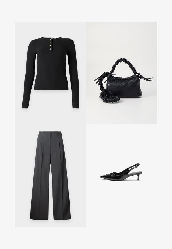 Fekete, hosszú ujjú bordázott felső, kerek nyakkivágással és öt gombos, világos színű gombokkal díszített pánttal. Puha tapintás, testhez simuló dizájn.; Széles szárú nadrág sötétszürke anyagból, magas derekú, egyes redőkkel, sima textúrával és tiszta befejezéssel a szegélyeken.; Fekete bőrből készült slingback magassarkú cipők hegyes orral, kis francia sarokkal és díszes csomóval az elején. Az egész felületen sima textúra.; Fekete műbőr kézi táska krokodil bőr textúrával, összehúzható tetejű és gyűrt pánttal. Lágy és kompakt dizájnúnak tűnik.