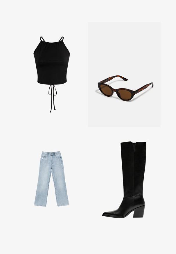 Top corto nero realizzato in tessuto morbido, con spalline regolabili e orlo arricciato con coulisse per una vestibilità personalizzabile.; Jeans in denim azzurro chiaro con taglio a gamba larga, dettagli strappati, design a cinque tasche e chiusura con zip.; Stivali neri al ginocchio in pelle liscia, con punta appuntita, tacco a blocco e un'apertura a forma di V nella parte superiore.; Occhiali da sole tartarugati marroni con forma vintage a occhio di gatto e lenti marroni. Presentano bracci curvi con accenti rossi.