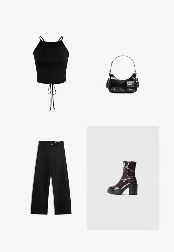 Schwarzes Cropped Top aus weichem Stoff, mit verstellbaren Spaghetti-Trägern und einem gerafften Saum mit Kordelzügen für eine anpassbare Passform.; Schwarze weit geschnittene Jeans mit hoher Taille, ausgestattet mit Vorder- und Hintertaschen, gesteppten Nähten und einem Knopfverschluss. Glatte Textur.; Glatte bordeauxrote Ankle Boots mit einem klobigen schwarzen Absatz, die eine glatte Oberfläche und ein einfaches Design aufweisen. Keine sichtbaren Verschlüsse oder Muster.; Schwarze Lackleder-Handtasche mit geschwungenem Design, einem Schulterriemen, Vordertaschen und silberfarbenen Hardware-Akzenten.