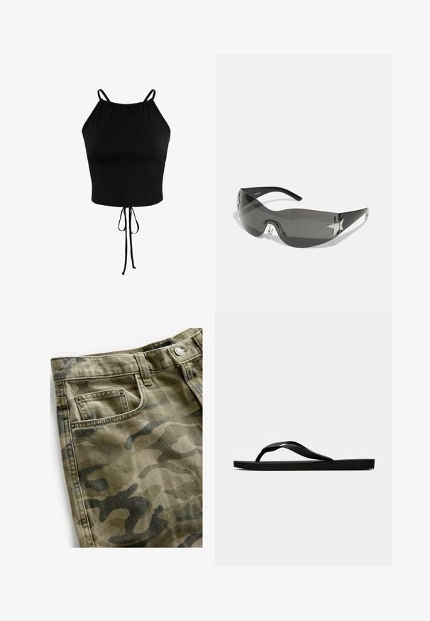 Czarny krótki top wykonany z miękkiego materiału, z regulowanymi ramiączkami spaghetti i ściąganym dołem z sznurkami, co pozwala na dostosowanie do sylwetki.; Next - Szorty jeansowe; Czarne gumowe klapki z teksturowanym paskiem i prostą płaską podeszwą, przedstawione z boku na jasnym jednolitym tle.; Czarne okulary przeciwsłoneczne o owocowym kształcie, ciemne soczewki, błyszczące akcenty w kształcie gwiazdy i regulowane noski.; Even&Odd - Torba na zakupy