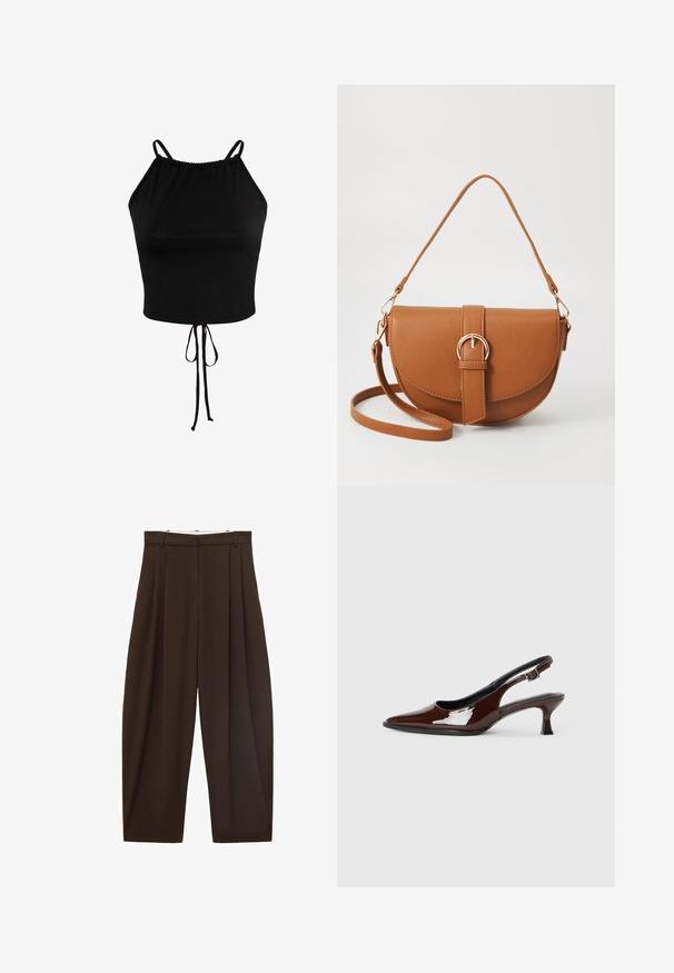 Top corto negro hecho de tela suave, con tirantes ajustables y dobladillo fruncido con cordones para un ajuste personalizable.; Pantalones de talle alto marrones con pliegues, hechos de tela suave. Corte holgado, diseño de pierna recta, con lazos para cinturón y cremallera.; Zapato slingback de charol marrón con punta afilada y tacón moderado. Cuenta con una correa con hebilla para un ajuste seguro. Textura suave.; Bolso bandolera de cuero marrón con forma curvada, herrajes dorados y un acento de hebilla. Incluye una correa de hombro desmontable.