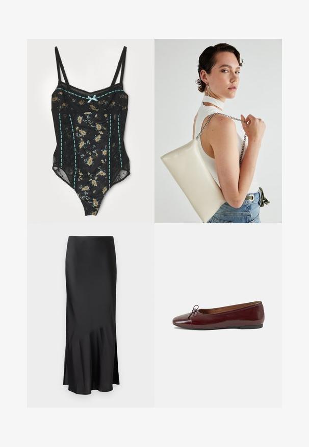 Free People SARA - Top - black combo; Black satin midi skirt with a sleek design, featuring a slight flare at the hem and side slit for ease of movement. Smooth texture.; Burgundy patent leather ballet flat with a rounded toe, small bow accent at the front, and a low, black rubber sole. Smooth texture.; White rectangular clutch bag made of glossy material, featuring a silver chain strap. Model poses, showcasing the bag against a plain background.