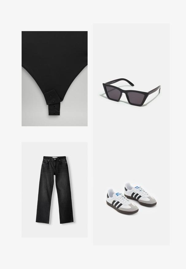 Czarny body o gładkiej teksturze, z dekoltem w kształcie litery V i zapięciem na zatrzaski na dole. Prosty, minimalistyczny design.; Bershka - Jeansy Straight Leg; Buty sportowe z białą skórzaną cholewką, szarym zamszowym noskiem i trzema czarnymi paskami. Posiadają niebieskie logo na języku oraz teksturowaną gumową podeszwę.; Czarne, kanciaste okulary przeciwsłoneczne z szarymi soczewkami; wykonane z plastiku, z grubymi zausznikami o gładkiej powierzchni i bez widocznych elementów metalowych.