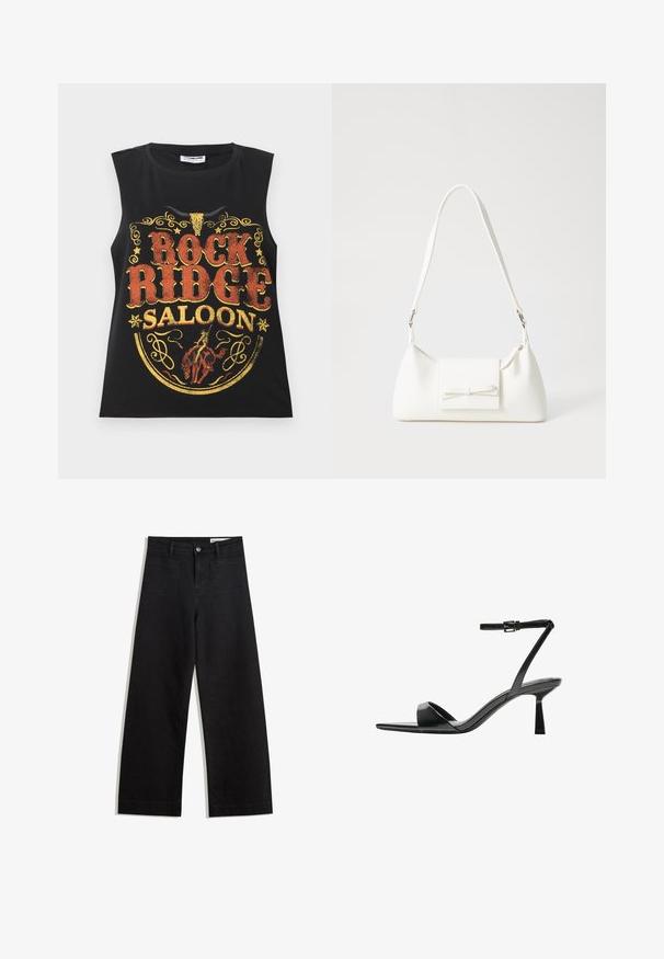 Črna brezrokavna bombažna majica z grafičnim tiskom "ROCK RIDGE SALOON" v rdeči in zlati barvi z dekorativnimi poudarki ter motivom lobanje.; Črne široke denim hlače z visokim pasom, ki imajo sprednje in zadnje žepe, šivane šive ter gumbasto zapiranje. Gladka tekstura.; Bershka Sandali z visoko peto - black; Bela sintetična torbica v obliki trikotnika, z ravnim sprednjim poklopcem in detajlom mašne, nastavljivim trakom, gladko teksturo in minimalističnim dizajnom.