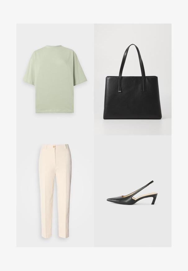 Light green, short-sleeve t-shirt with a relaxed fit, round neckline, and minimal stitching details. Made from soft cotton material.; Cream-colored, high-waisted trousers made of textured fabric. Features a front button closure and tapered legs.; Black pointy-toed slingback shoe with a low heel, featuring smooth leather material and cut-out design on the side for breathability.; Black leather tote bag with two long handles, rectangular shape, textured surface, and minimalistic design. No visible hardware or accents.