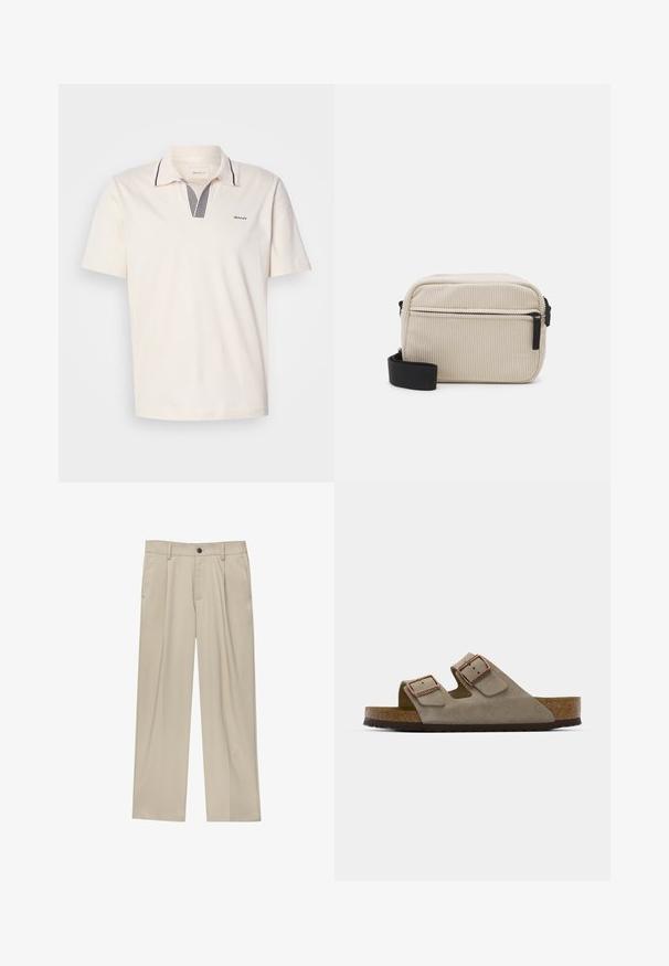 Cremfarbenes Poloshirt mit V-Ausschnitt, ausgestattet mit navy- und weißgestreiften Akzenten, kurzen Ärmeln und einem kleinen Logo auf der linken Brust.; Beige Hosen mit geradem Schnitt, ausgestattet mit einem einzelnen schwarzen Knopf, Gürtelschlaufen und Seitentaschen. Glatte Stofftextur und minimalistisches Design.; Wildledersandale in Hellgrau mit zwei verstellbaren Schnallen, einer Kork-Zwischensohle und einer strukturierten Gummiaußensohle.; Cremfarbener Corduroy-Crossbody-Beutel mit einem schwarzen Reißverschluss, abnehmbarem Tragegurt und strukturiertem Muster. Verfügt über ein Hauptfach und eine Fronttasche.; Silberne Metall-Uhr mit einem gebürsteten blauen Zifferblatt, weißen Stundenmarkierungen und einem Datumsanzeiger. Verfügt über ein verlinktes Metallarmband und ein Markenlogo.