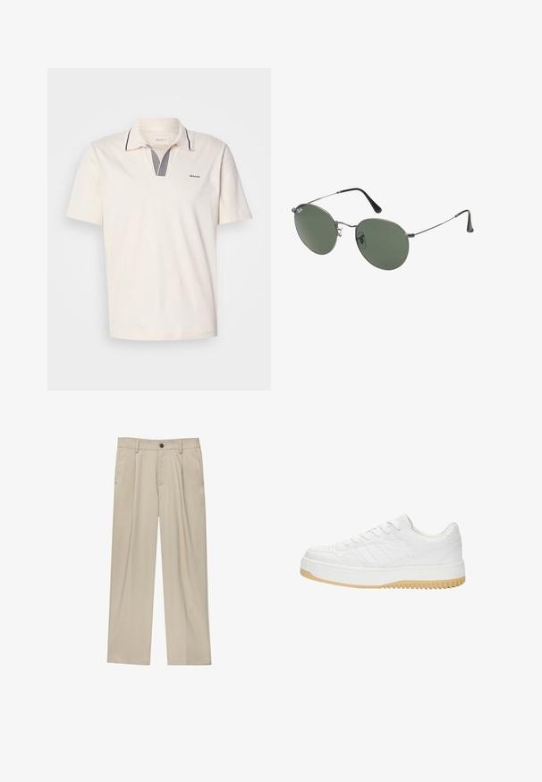 Cream polo shirt with a V-neck design featuring navy and white striped accents, short sleeves, and a small logo on the left chest.; Beige trousers with a straight cut, featuring a single black button, belt loops, and side pockets. Smooth fabric texture and minimal design.; White leather sneaker with a textured finish, featuring a rubber sole, lace-up design, and subtle stripe accents on the sides.; Metal-framed sunglasses with oval green lenses. Thin silver metal frame and black ear tips. Minimalist design, no visible logos.