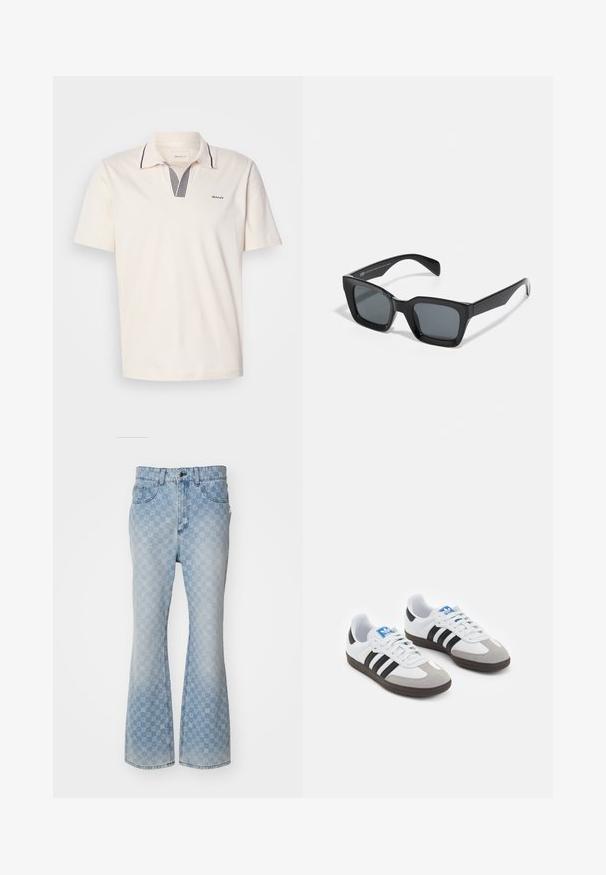 Kremfarget polo-skjorte med V-hals-design som har marineblå og hvite stripete detaljer, korte ermer og en liten logo på venstre bryst.; Lyseblå denimbellbukser med et mønster av logoer over hele, fem lommer, knappelukking og en lett falmet finish.; Sportssko med en hvit skinnoverdel, grå semsket tå og tre svarte striper. Har en blå logo på tungen og en teksturert gummisåle.; Svarte rektangulære solbriller med mørke linser. Plastisk ramme med glansfull overflate, med en bred bro og svakt avsmalnende stenger.