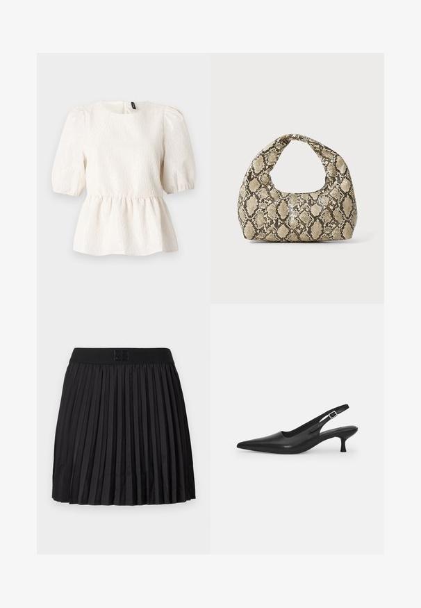 Haut peplum blanc en tissu texturé, avec des manches courtes bouffantes, un col rond et une fermeture en forme de trou de serrure à l'arrière. Motif ondulé subtil sur toute la surface.; Jupe plissée noire avec une texture lisse, comportant une taille noire unie et un détail de logo embossé à l'avant.; Chaussure slingback en cuir noir avec un bout pointu et un talon fin et incurvé. Dispose d'une sangle ajustable discrète avec une boucle en métal.; Sac à main en motif serpent avec une poignée incurvée. Fabriqué à partir de matériaux texturés beiges et bruns, présentant un motif en diamant distinctif.