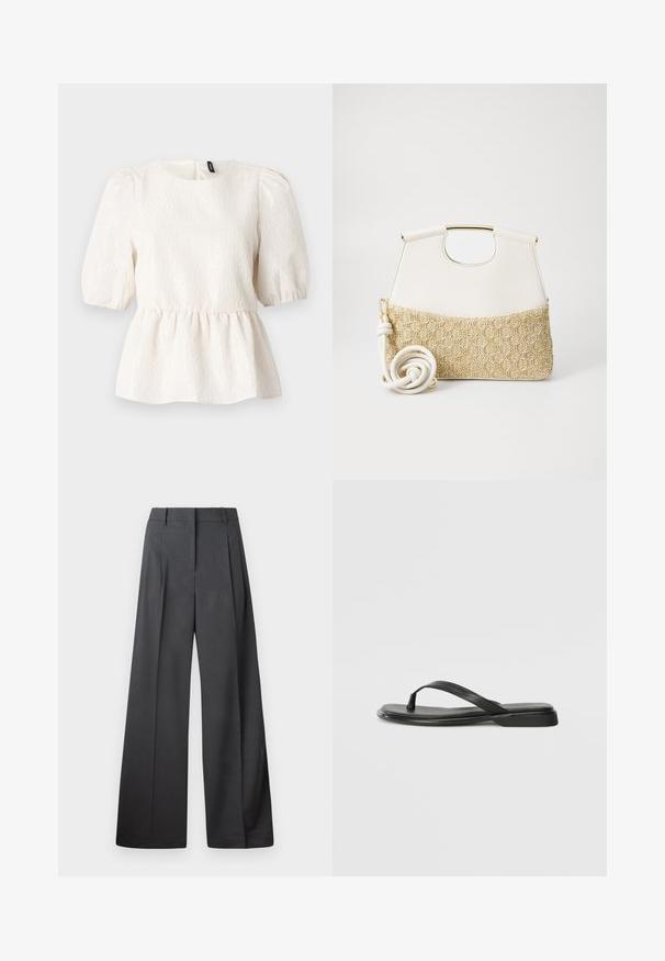 Top alb peplum din material texturat, cu manșete scurte și pufoase, guler rotund și un închizător cu orificiu la spate. Model subtil ondulat pe întreaga suprafață.; Pantaloni culți din țesătură gri închis, cu talie înaltă, pliuri simple și o textură netedă, cu o finisare curată la tivuri.; Sandale negre din piele netedă, cu un design cu curea subțire și o talpă plată cu un profil minimalist. Fără modele sau accente notabile.; Geantă de mână din piele albă, cu un fund din țesătură crem cu textură împletită. Dispune de un mâner de culoare aurie și o curea albă spiralată pentru versatilitate.