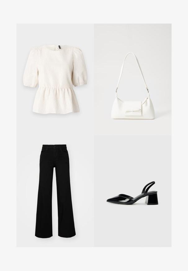 White peplum top with textured fabric, short puff sleeves, crew neckline, and a back keyhole closure. Subtle wavy pattern throughout.; Black wide-leg pants made of denim, featuring a structured waistband, belt loops, and front pockets. Smooth texture with a classic design.; Black patent leather slingback heels with a pointed toe and a geometric block heel. Features a sleek, minimal design and smooth texture.; White synthetic handbag with a triangular shape, flat front flap and bow detail, adjustable strap, smooth texture, and minimalistic design.