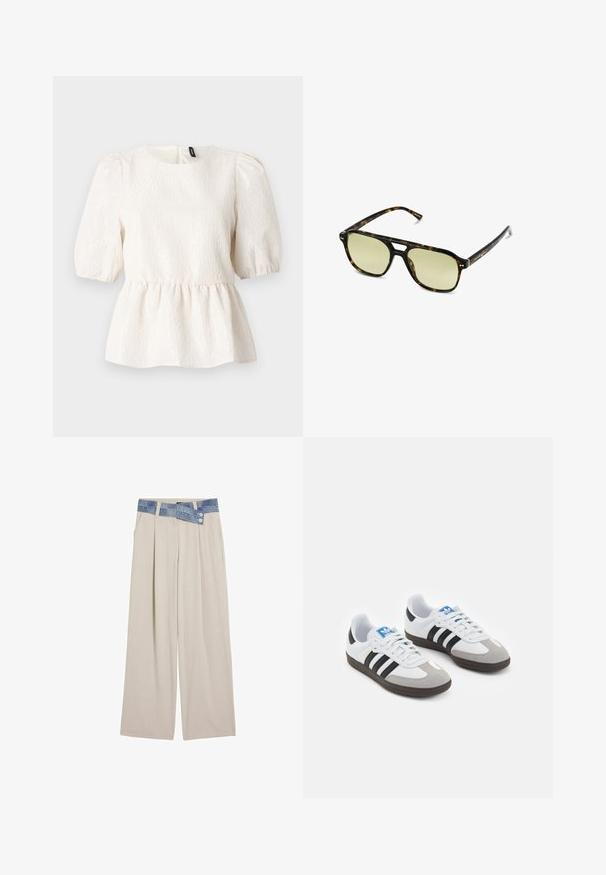 Hvid peplum top med struktureret stof, korte pufærmer, bådhalsudskæring og lukning med nøglehul på ryggen. Subtile bølgemønstre gennem hele blusen.; Lys beige vidde bukser med en denimlivrem, der har to knapper og plisserede frontdetaljer. Glat tekstur og afslappet pasform.; Sportsko med en overdel i hvid læder, grå ruskind på tåen og tre sorte striber. Har et blåt logo på tungen og en struktureret gummisål.; Skildpaddemønstrede solbriller med rektangulær form, grønfarvede linser og mønstrede acetatstel. Har metaldetaljer nær linserne.