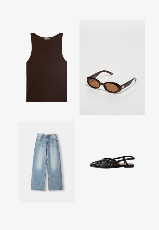 Brown sleeveless tank top made of ribbed fabric. Features a rounded neckline and straight hem, with no visible logos or patterns.; Light blue denim wide-leg jeans with a high waist, featuring a faded finish, five pockets, and a straight cut.; Black woven slingback shoe with a pointed toe, flat sole, and adjustable ankle strap. Features open design for breathability.; Brown tortoiseshell sunglasses with oval lenses, featuring a thin frame and a small metallic accent on the side. Textured and polished finish.; Beige suede handbag with a rounded shape, featuring three gathered pockets on the front and a single adjustable strap.