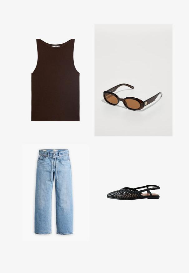 Brown sleeveless tank top made of ribbed fabric. Features a rounded neckline and straight hem, with no visible logos or patterns.; Light blue denim wide-leg jeans with a high waist, button and zip closure, and a drawstring detail at the waist. Raw hem finish.; Black woven slingback shoe with a pointed toe, flat sole, and adjustable ankle strap. Features open design for breathability.; Brown tortoiseshell sunglasses with oval lenses, featuring a thin frame and a small metallic accent on the side. Textured and polished finish.; Beige suede handbag with a rounded shape, featuring three gathered pockets on the front and a single adjustable strap.