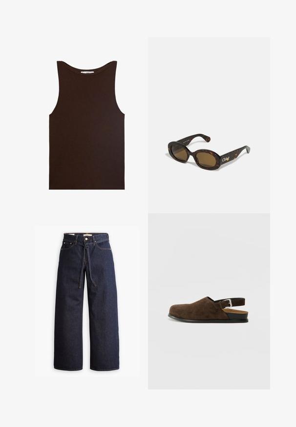 Brown sleeveless tank top made of ribbed fabric. Features a rounded neckline and straight hem, with no visible logos or patterns.; Wide-leg dark blue denim jeans with a high waist, featuring a drawstring tie, five pockets, and contrasting stitching details.; Brown suede slip-on shoe with a low heel, an adjustable strap with a silver buckle, and a black rubber sole.; Tortoiseshell sunglasses with oval frames, brown tinted lenses, and "Chloé" branding on the arm. Smooth plastic material with glossy finish.; Brown suede tote bag with a wide shape and soft texture, featuring a single strap and minimal hardware against a neutral backdrop.