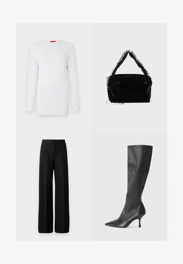 Dugi rukav bijela majica izrađena od mekanog materijala, s okruglim izrezom i dijagonalnim šavovima za teksturirani izgled. Crvena oznaka branda.; Hlače širokih nogavica crne boje sa glatkom, mat teksturom. Ravan pojas bez vidljivih dodataka ili uzoraka. Jednostavan i elegantan dizajn.; Čizme od crne kože visine do koljena s šiljastim nosom i uskim stiletto potpeticama. Glatka tekstura s tijesnim dizajnom i šavovima na gornjoj ivici.; Crna torbica od umjetne kože s teksturiranim završetkom, koja sadrži perlicu srebrnu detalj duž gornje ručke i lančanu naramenicu.