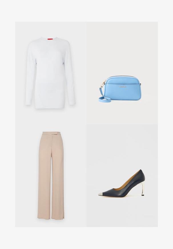 Langärmliges weißes Oberteil aus weichem Stoff, mit Rundhalsausschnitt und diagonaler Nahtverarbeitung für ein strukturiertes Aussehen. Rotes Markenetikett.; Beige weit geschnittene Hose aus leichtem Stoff. Sie verfügt über eine glatte Textur, Eingrifftaschen und ein dezentes Bunddesign.; Dunkelblauer Leder-Pumps mit spitz zulaufender Vorderkappe, versehen mit einer silbernen Metallkappe und einem glänzenden silbernen Stilettoabsatz.; Hellblaues Leder-Crossbody-Bag mit goldfarbenen Beschlägen, Reißverschluss und einer Fronttasche. Verfügt über einen verstellbaren Riemen für zusätzlichen Komfort.