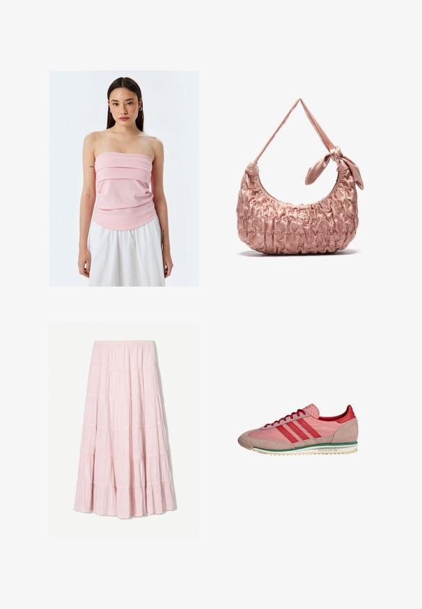 Koton SLEEVELESS - Top - pink; Lichtroze, gelaagde maxi-rok van een gestructureerde, lichte stof. Elastische tailleband en vloeiende zoom met ruches.; Rode en roze sport schoenen van leer en suède, met drie gestreepte accenten, een getextureerde tong en een groen gestreepte zool.; Roze satijnen schoudertas met een verzamelde textuur, gebogen vorm en een geknoopt hengsel detail. Gladde afwerking met gestikte accenten.