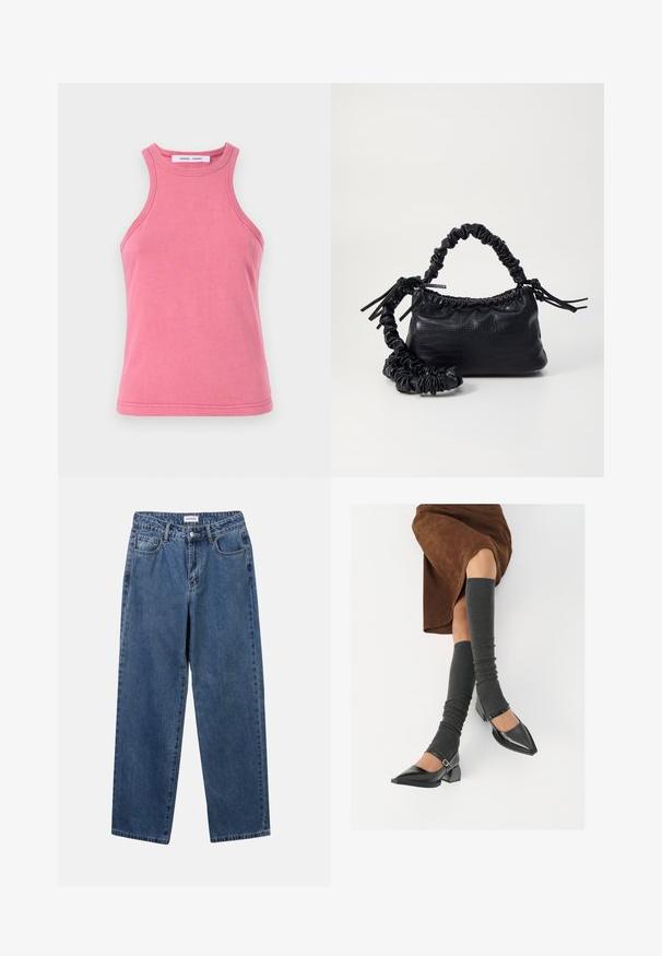 Roze katoenen tanktop met een ronde halslijn en racerback ontwerp. Kenmerkt zich door dubbelgestikte zomen en een zachte, gladde textuur.; Klassieke blauwe denim jeans met een rechte pijp, vijf zakken en een knoopsluiting. Heeft een middelgrote wasbeurt en stevige textuur.; Zwarte gepatineerde leren pumps met een puntige neus, een blokhak en een enkelbandje, gecombineerd met grijze geribde beenwarmers en een bruine suède rok.; Zwarte nepleer handtas met een krokodillenstructuur, opgedroogde bovenkant en een gekreukte hengsel. Het lijkt zacht en compact van ontwerp.