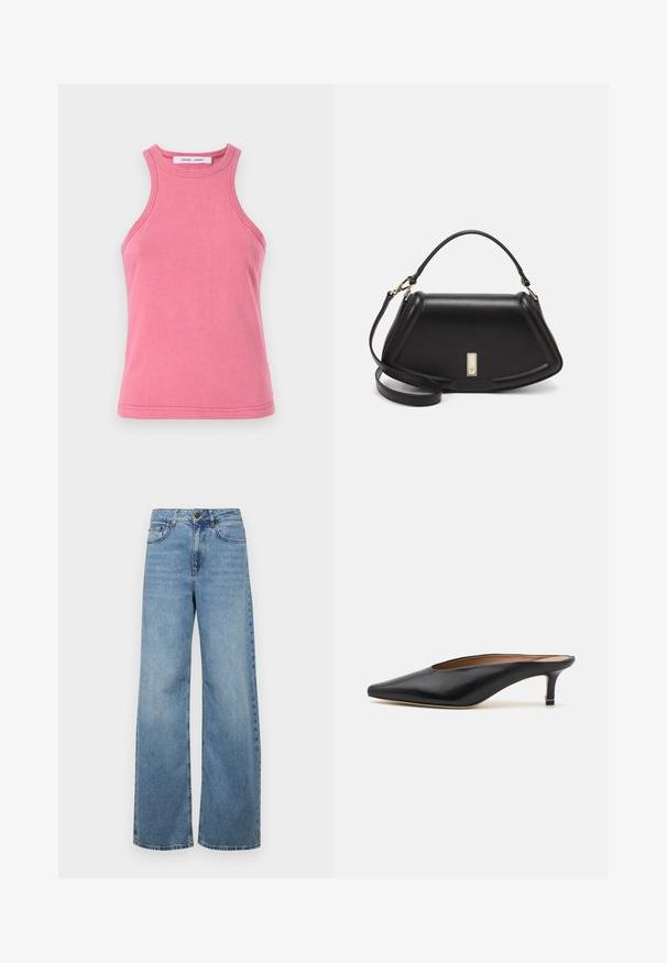 Ροζ βαμβακερό tank top με στρογγυλή λαιμόκοψη και σχέδιο racerback. Περιλαμβάνει διπλές ραφές στα τελειώματα και μαλακή, λείας υφή.; Ανοιχτό μπλε φαρδιές τζιν παντελόνες από denim, με ψηλή μέση, μπροστινές τσέπες, και κλασικό σχέδιο πέντε τσεπών, με διακριτική φθορά.; Μαύρες δερμάτινες μπαλαρίνες με αιχμηρή μύτη και χαμηλό, τετράγωνο τακούνι. Λείος υφασμάτινος σχεδιασμός. Ανοιχτή πλάτη με μινιμαλιστική διακόσμηση.; Μαύρη δερμάτινη τσάντα με δομημένο σχέδιο, που διαθέτει κομμένο σχήμα, επάνω λαβή και χρυσά μεταλλικά στοιχεία. Περιλαμβάνει ρυθμιζόμενο λουρί ώμου.