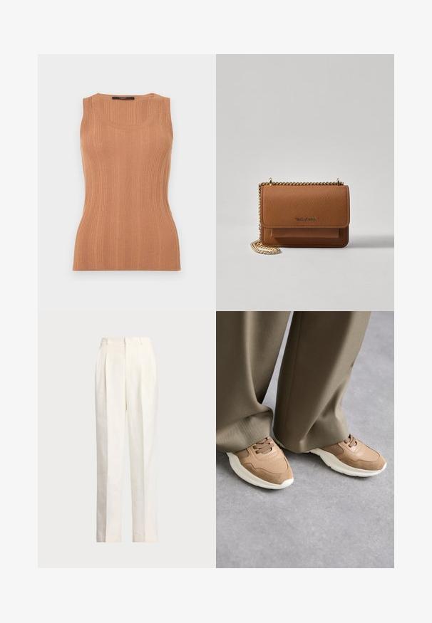 WEEKEND MaxMara CEYLON - Top - desert; Polo Ralph Lauren HEMP WIDE LEG PANT - Pantaloni - nevis; Scarpe sportive marroni con una combinazione di pelle liscia e materiali in rete, suola in gomma bianca e dettagli di perforazione discreti.; Borsa a tracolla in pelle marrone con texture, dotata di catena dorata e chiusura a pattina. Sul davanti presenta un dettaglio con logo e una tasca sotto la pattina.