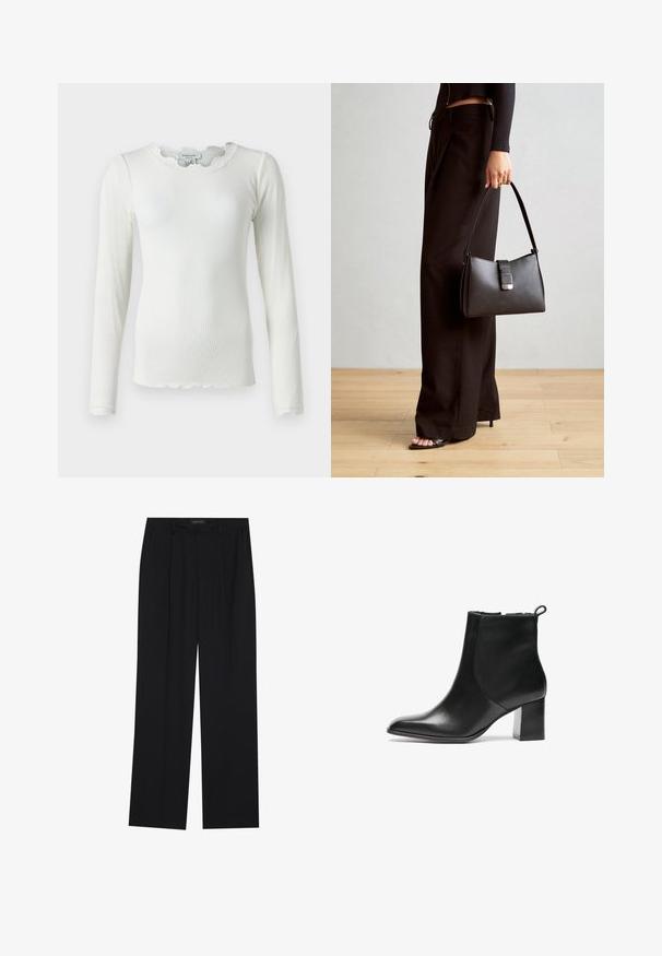 Hosszú ujjú fehér bordás felső, fodros dekoltázzsal és csipkés díszítéssel a mandzsettákon, testhez simuló fazonnal és texturált anyaggal.; Fekete nadrág egyenes szárú kialakítással, két első zsebbel és derékrésszel. Simának és könnyű anyagból készült.; Fekete bőr bokacsizma kerek orral, közepes magasságú blokk sarkával és hátsó húzófüllel. Sima felület, minimalista kialakítás.; Fekete kézi táska strukturált formával, sima textúrával és fémből készült záródással. Széles fekete nadrággal és nyitott orrú szandállal párosítva, fából készült padlón.