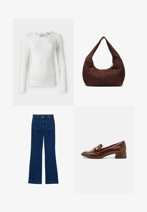 Langärmliges weißes Rippoberteil mit einem gewellten Ausschnitt und einer Spitzenverzierung an den Bündchen, das eine figurbetonte Silhouette und einen strukturierten Stoff aufweist.; Dunkelblaue Denim-Jeans im Schlagstil mit glatter Textur, Fünf-Taschen-Design und einem Knopfverschluss an der Taille.; Braune Lederloafers mit glänzender Oberfläche, ausgestattet mit einer dekorativen goldenen Schnalle an der Vorderseite und einem niedrigen Blockabsatz. Klassisches Design.; Braune Wildleder-Hobo-Tasche mit einem gebogenen, breiten Griff und einer großen Öffnung. Weiche Textur mit sichtbaren abgesteppten Details entlang der Kanten.