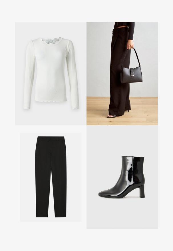 Dugi rukav bijela rebrasta majica s rubom u obliku čipke na izrezu i čipkastim detaljima na manžetama, uz uski kroj i teksturirani materijal.; Crne hlače s krojem po mjeri, s bočnim džepovima i ravnim nogavicama. Izrađene od glatkog, laganog materijala s elegantnim završetkom.; Crne lakirane kožne gležnjače s šiljastim prstom i srednje visokom blok petom. Glatka tekstura i minimalistički dizajn.; Crna torba s oblikom koji sadrži strukturu, glađu teksturu i metalnu kopču. Uparena s širokim crnim hlačama i sandalama na otvorenom s drvenog poda.