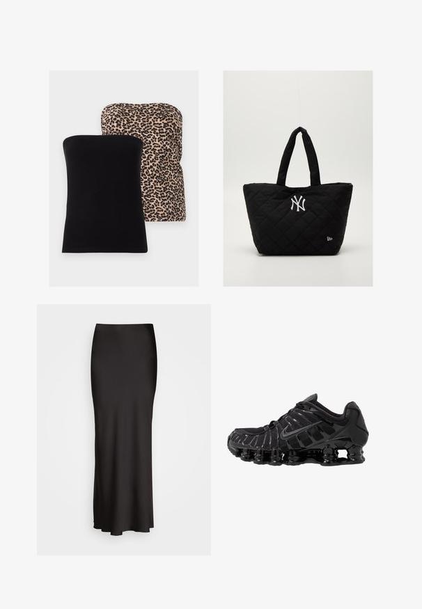 Dva topa bez naramenica: jedan u jednobojnoj crnoj boji, a drugi s bež pozadinom i crnim printom leopard sijena. Obojica imaju glatku teksturu i klasičan kroj.; Crna satenska suknja do poda s glatkom teksturom, strukom koja se dobro prilagođava, i A-linijom, bez vidljivih ukrasa ili uzoraka.; Crne atletske cipele s mrežastim gornjim dijelom i sjajnim premazima. Imaju zakrivenu zavojnicu za amortizaciju i teksturirane linije sa strane. Vidljiv Nike logo.; Crna torba s kvadratnim uzorkom i dvostrukim ručkama, s bijelim logotipom New York Yankees i malim simbolom marke s strane.
