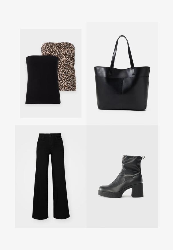 Dvě topy bez ramínek: jeden v jednobarevné černé, druhý se béžovým pozadím a černým leopardím potiskem. Oba mají hladký povrch a klasický střih.; Černé široké kalhoty vyrobené z denimu, s pevným pasem, poutky na opasek a předními kapsami. Hladká textura s klasickým designem.; Černé kotníkové boty vyrobené z hladké kůže, s bočním zipem, robustním strukturovaným podpatkem a kulatou špičkou.; Černá kožená taška s dlouhými ušima, hladkým povrchem a strukturovaným tvarem. Obsahuje přední kapsu pro další úložný prostor.