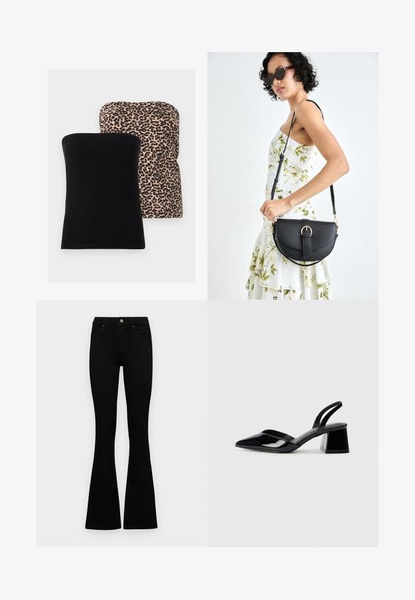 Dva topy bez ramienok: jeden v pevnej čiernej farbe, druhý s béžovým pozadím a čiernym leopardím vzorom. Obe majú hladkú textúru a klasický strih.; Čierne vysoké nohavice s gombíkom a zipsom, predné vrecká a rozšírené nohavice položené na bielom pozadí.; Čierne lakované kožené sandálové podpätky s špicatou špičkou a geometrickým blokovým podpätkom. Disponujú elegantným, minimalistickým dizajnom a hladkým povrchom.; Čierna kožená kabelka s zaobleným tvarom, odnímateľným popruhom a zlatými doplnkami. Kabelka má klopu s detailom s prackou.