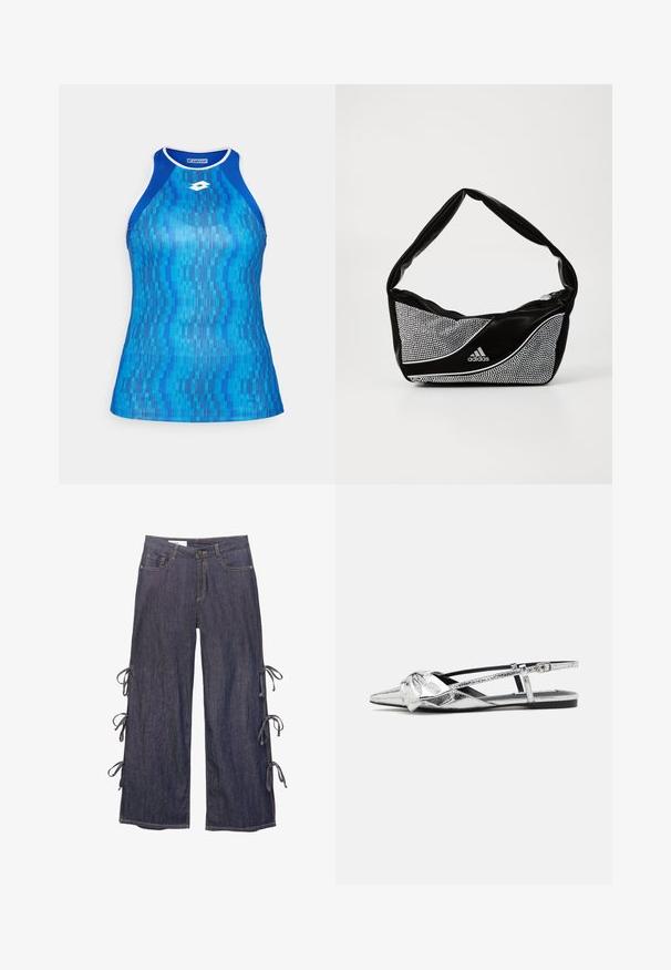 Canotta sportiva blu con un motivo geometrico in varie tonalità di blu. Presenta un design a schiena scoperta e dettagli bianchi attorno al collo.; Pantaloni in denim a gamba larga di colore blu scuro, con legature laterali e chiusura a bottone. Presentano tasche frontali e una silhouette rilassata.; Ballerine slingback metalliche argento con punta affusolata, caratterizzate da un dettaglio annodato sul davanti e una fascia regolabile per una vestibilità sicura.; Borsa adidas nera e argento con una texture liscia, caratterizzata da un motivo borchiato lucido e un design curvo distintivo.