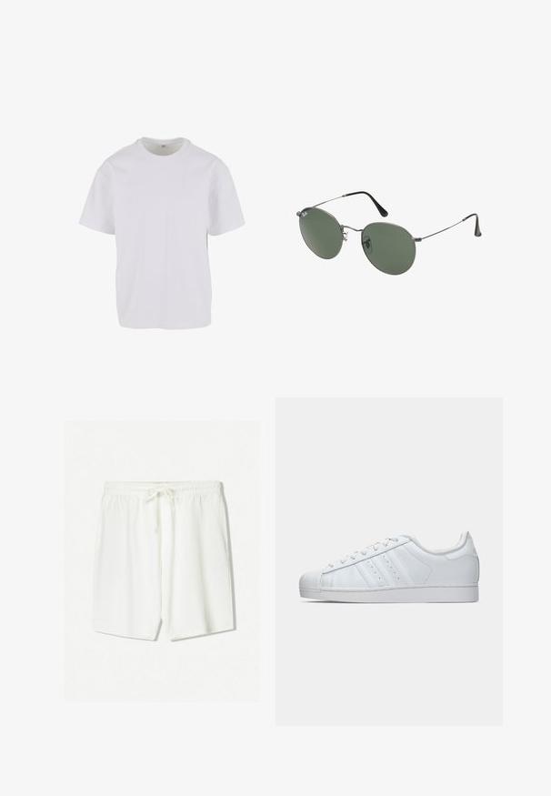 Tricou alb cu mânecă scurtă, fabricat din bumbac moale, având un decolteu rotund și o croială relaxată cu margine dreaptă. Fără modele sau accente vizibile.; Cămașă cu mâneci scurte în dungi albastre și albe, cu închidere prin butoni, având un text îndrăzneț pe piept. Material din bumbac, croială lejeră.; Pantaloni scurti albi de atletism dintr-un material ușor, având un tiv elastic cu șnur și buzunare laterale. Textură netedă.; Adidași din piele albă cu un capac din cauciuc texturat pe vârf, trei dungi pe lateral și un guler căptușit. Șireturi plate albe și un design minimalist.; Ochelari de soare cu ramă metalică, dotati cu lentile ovale verzi. Ramă subțire din metal argintiu și ușițe negre. Design minimalist, fără logo-uri vizibile.