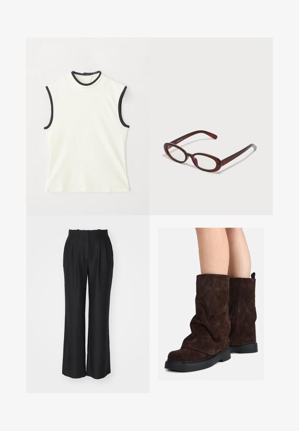 Ermeløs topp i hvit stoff med høy hals og svart kant rundt halsåpningen og armhullene. Glatt tekstur og tettsittende design.; Sorte vide benbukser med høy midje, med folder, laget av et glatt, teksturert stoff, med rett snitt til kanten.; Brune suedestøvler til midt på leggen med sorte gummisåler, båret på nakne legger, som viser lett rynking på støvelskaftene.; Ovale røde solbriller med klare linser og slanke brune rammer. Designet har subtile kurver og minimalt med utstyr.
