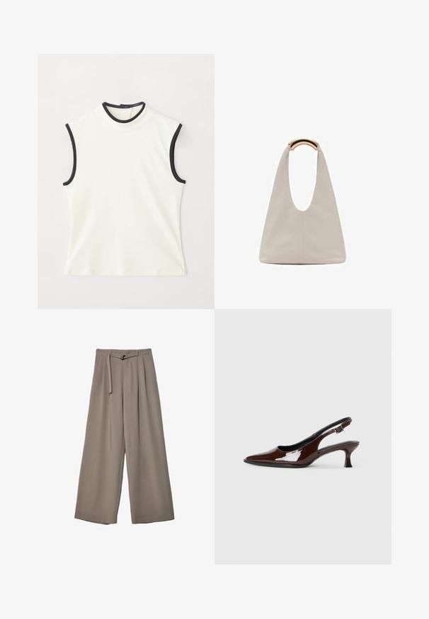Mouwloos topje van witte stof met een hoge hals en zwarte bies rond de halslijn en armopeningen. Glad textuur en aansluitend ontwerp.; Wijd nietenbroeken van een zachte, gedempte grijze stof, met een ceintuur in de taille en plooien voor extra ontwerpelementen. Gladde textuur, geen patronen.; Bruine gepatineerde leren slingback-schoen met een spitse neus en een gematigd hakje. Voorzien van een gespsluiting voor een veilige pasvorm. Glad van textuur.; Lichtgrijze leren tas met een U-vormig ontwerp en een gebogen metalen handvat. Glad oppervlak met minimale stiksels en geen zichtbare patronen.