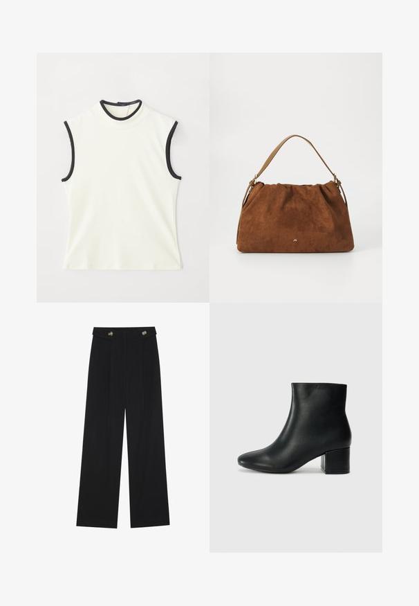 Mouwloos topje van witte stof met een hoge hals en zwarte bies rond de halslijn en armopeningen. Glad textuur en aansluitend ontwerp.; Zwarte wijde broek met hoge taille, knoopdetails op de tailleband en plooien aan de voorkant.; Zwarte leren enkellaarzen met een spitse neus en een chunky hak. Gladde textuur met minimale accenten en een slank, strakk ontwerp.; Bruine suède handtas met een geplooid ontwerp, voorzien van een enkele tan kleur leren schouderband en een subtiele gouden logo-detail aan de voorkant.