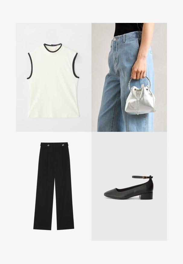Top sin mangas de tela blanca con cuello alto y ribete negro alrededor del escote y las sisas. Textura suave y diseño ajustado.; Pantalones de pierna ancha negros con cintura alta, detalles de botones en la cinturilla y pliegues en la parte delantera.; Zapato de tacón negro de cuero con punta afilada y tacón bajo cuadrado. Presenta una correa para el tobillo con una hebilla en tono dorado. Textura suave.; Bolso tipo bucket metálico en plata con un acabado texturizado, adornado con un asa redonda plateada y cierre de cordón, sostenido contra unos jeans azul claro.