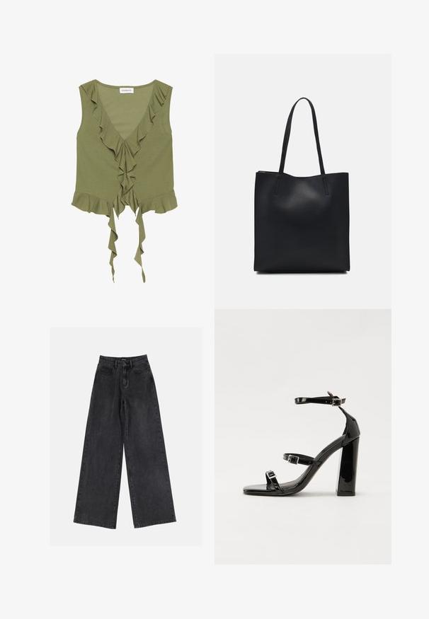 Tamsiai žalia beprotnieji topas su V formos iškirpte, raukšlėmis ir surišimo detale priekyje. Pagamintas iš minkštos, lengvos medžiagos.; Juodos plačios kojų džinsai su aukštu liemeniu, klasikinio penkių kišenių dizainu ir subtiliu nusidėvėjimu. Patvari medžiaga su glotnia tekstūra.; Juoda blizgi lakuota basutė su kvadratiniu pirštu, kulkšnies dirželiais ir sidabro sagtimis. Yra tvirta blokinė kulno konstrukcija, užtikrinanti stabilumą.; Juodas odinis tote krepšys su lygia tekstūra, stačiakampio formos ir dviem ilgais rankenomis. Matomų metalinių detalių ar puošybos nėra.