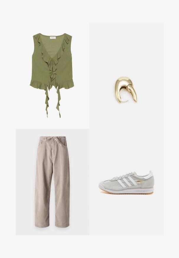 Oliwkowa bezrękawnik z dekoltem w kształcie litery V, falbaniastymi brzegami i wiązaniem z przodu. Wykonany z miękkiego, lekkiego materiału.; Beżowe spodnie w chód kordurowym o luźnym kroju, z elastycznym ściągaczem w pasie, dwoma przednimi kieszeniami i pionowym prążkowanym wzorem.; Jasnoszare sneakersy wykonane z zamszu i siateczki, z trzema białymi paskami, okrągłym noskiem i gumową podeszwą. Złoty akcent logo w pobliżu sznurowadeł.; Złote metalowe kolczyki o eleganckim, zakrzywionym kształcie. Posiadają charakterystyczny szpiczasty kształt, polerowaną powierzchnię oraz zapięcie na zawias.