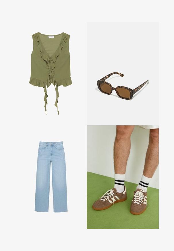 Top senza maniche verde oliva con scollatura a V, bordi arruffati e dettaglio con lacci sul davanti. Realizzato in tessuto morbido e leggero.; Jeans a gamba larga di un bel blu chiaro, realizzati in denim, con vita alta, taglio dritto e design a cinque tasche con orlo pulito.; Sneaker in suede marrone con dettagli e lacci bianchi. Suola in gomma color gomma. Indossati con calzini bianchi con righe nere. Pavimento verde texturizzato.; Occhiali da sole in tartaruga con una montatura rotonda e voluminosa e lenti marroni. Presentano delicati motivi e bracci dritti e affusolati.; Zign LEATHER - Shopping bag - light brown